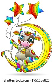 Illustrations in a stained glass style with cute cartoon bull on the moon, animal isolated on a white background