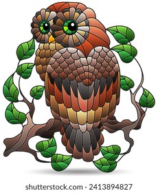 Illustrations in stained glass style with a cute owl on a branch, dark contours on white background