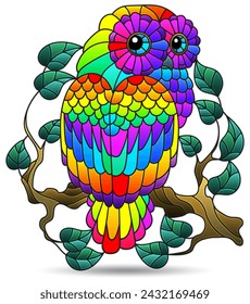 Illustrations in stained glass style with a cute owl on a branch, dark contours on white background