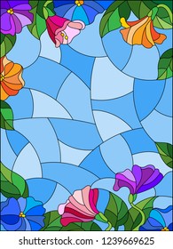 Illustrations in stained glass style with flowers, colorful flowers, leaves and buds on a blue sky background