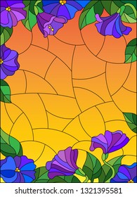 Illustrations in stained glass style with flowers, purple flowers, leaves and buds on an orange sky background