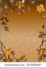 Illustrations in stained glass style with flowers, leaves and buds ,tone brown