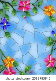 Illustrations in stained glass style with flowers, colorful flowers, leaves and buds on a blue sky background