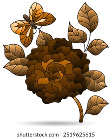 Illustrations in a stained glass style with rose flower, isolated on a white background, tone brown