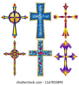 The illustrations in the stained glass style with set of Christian cross