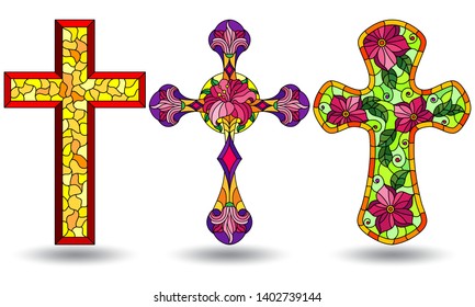 The illustrations in the stained glass style with set of Christian cross