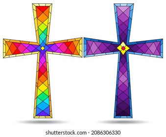 The illustrations in the stained glass style with set of Christian cross isolated on a white background