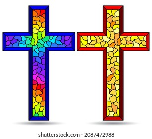 The illustrations in the stained glass style with set of Christian cross isolated on a white background
