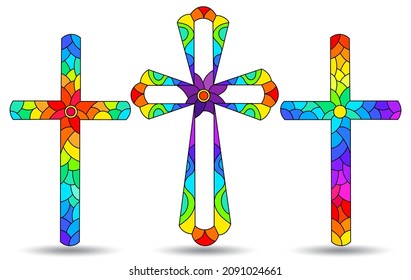 The illustrations in the stained glass style with set of Christian cross isolated on a white background