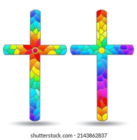 The illustrations in the stained glass style with set of Christian cross isolated on a white background