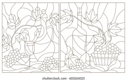 The illustrations in the stained glass style with still life , grapes, wine and crockery, dark outline on a white background