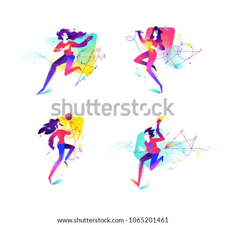Illustrations of students and schoolchildren. Training in scientific subjects. Geometry, astronomy, algebra, mathematics. Vector flat illustration isolated on white background.