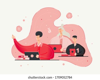 illustrations with students studying on a light background in red tones. People with dark and blond hair and round eyes sit with laptops and tablets, next to books, against the background of the lette