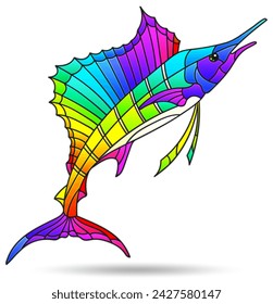 illustrations in the style of stained glass with abstract fish, animal isolated on a white background