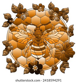 Illustrations in the style of stained glass with a bee and flowers on a background of honeycombs, animal isolated on a white background, tone brown