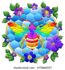 Illustrations in the style of stained glass with bright bee and flowers on a background of honeycombs, animal isolated on a white background