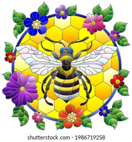 Illustrations in the style of stained glass with bright bee and flowers on a background of honeycombs, animal isolated on a white background