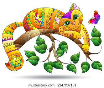 Illustrations in the style of stained glass with bright cat on tree branches, animal isolated on a white background