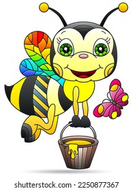 Illustrations in the style of stained glass with cartoon bee, bright animal isolated on a white background
