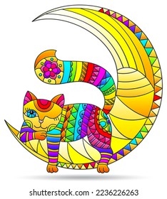 Illustrations in the style of stained glass with cat on the moon, animal isolated on a white background