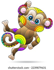 Illustrations in the style of stained glass with cute cartoon monkey, animal isolated on a white background