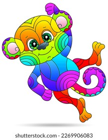 Illustrations in the style of stained glass with cute cartoon monkey, animal isolated on a white background