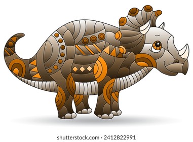 Illustrations in the style of stained glass with dinosaur triceratops, animal isolated on a white background, tone brown