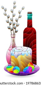 Illustrations in the style of stained glass with Easter still life,  isolated on a white background