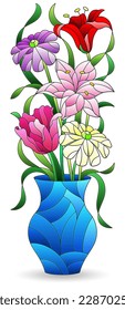 Illustrations in the style of stained glass with floral still life, flowers isolated on a white background