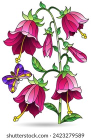 Illustrations in the style of stained glass with floral arrangement and butterflly, isolated on a white background