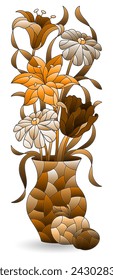 Illustrations in the style of stained glass with floral still life, flowers isolated on a white background, tone  brown