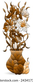 Illustrations in the style of stained glass with floral still life, flowers isolated on a white background, tone brown