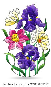 Illustrations in the style of stained glass with flower bouquet, flowers isolated on a white background