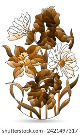 Illustrations in the style of stained glass with flower bouquet, flowers isolated on a white background, tone brown