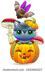Illustrations in the style of stained glass for Halloween with cute cat in a pumpkin, animal isolated on a white background