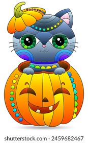 Ilustraciones en el estilo de vitral para Halloween con lindo gato en una calabaza, animal aislado en un fondo blanco