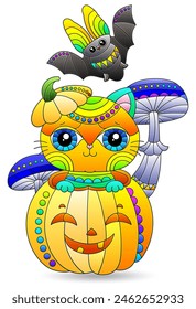 Illustrations in the style of stained glass for Halloween with cute cat in a pumpkin, animal isolated on a white background