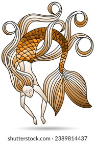 Illustrations in the style of stained glass with mermaid, girl figure isolated on a white background, tone brwn