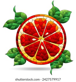 Illustrations in the style of stained glass with orange slice, fruit isolated on a white background