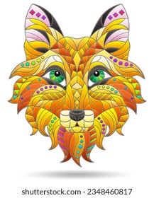 Illustrations in the style of stained glass with a portrait of a bright abstract fox, the animal is isolated on a white background