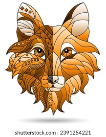 Illustrations in the style of stained glass with a portrait of a abstract fox, the animal isolated on a white background, tone brown