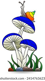 Illustrations in the style of stained glass with snail on mushrooms, isolated on a white background