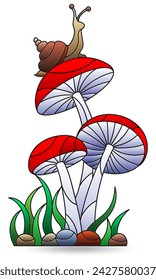 Illustrations in the style of stained glass with snail on mushrooms, isolated on a white background