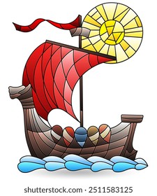 Illustrations in the style of stained glass with Viking boat, isolated on a white background