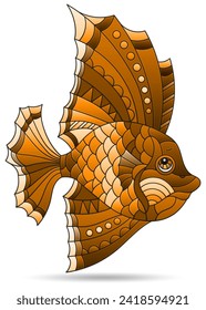 Illustrations in the style of a stained glass window with bright rainbow fish, animal isolated on a white background, tone brown
