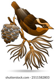 Illustrations in the style of stained glass windows with a bird on fir branch, bird isolated on a white background, tone brown