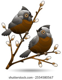 Illustrations in the style of stained glass windows with birds on branches, animals isolated on a white background, tone brown