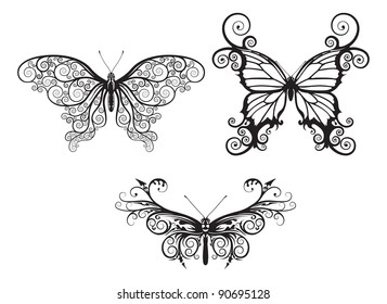 Illustrations of stylised abstract butterflies with patterns and swirls making up wings