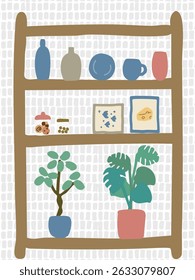 Illustrations of stylish interiors, shelves, and displays