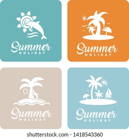 Illustrations of summer - palm trees, ocean wave, sun, dolphins, island, coconut, sea, sailboat. Vector summer holiday card , set elements logo in tropical colors. 